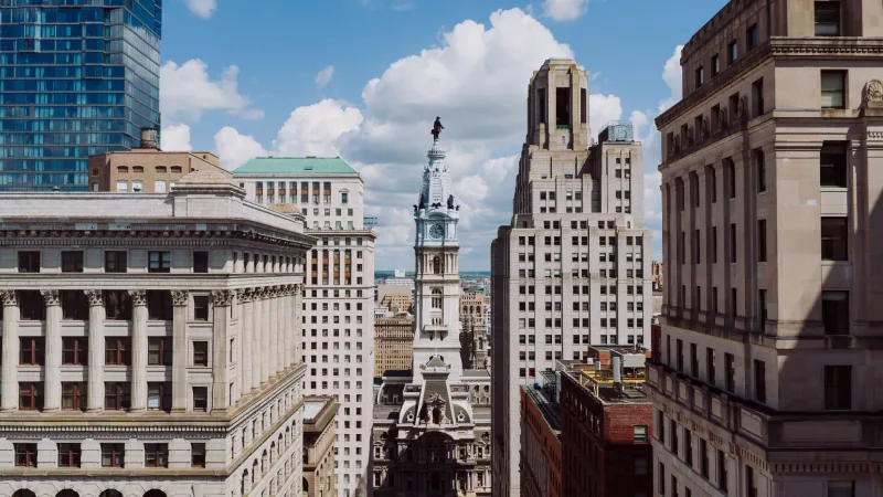 Philadelphia City Hall framed by Center City buildings