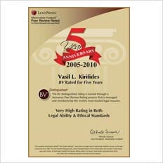 LexisNexus 5 Year Anniversary 2005-2010 Vasil L. Kirifides BV Rated for Five Years